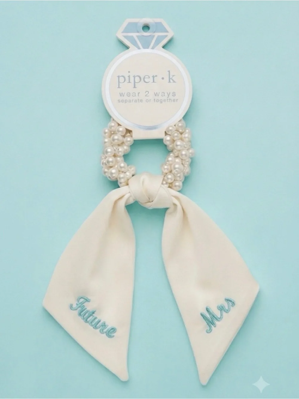 NWT ⚜️🩵⚜️ Piper K Beaded Scrunchie & Bow Ribbon Tails Wedding Future Mrs.